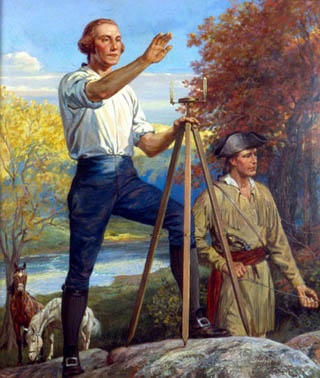 George Washington surveying with an early surveying instrument
